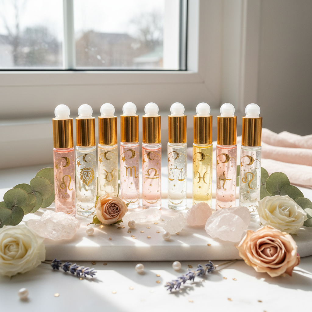 Zodiac Perfume Oil Set - elegant roller bottles with crystals and florals, bright feminine styling